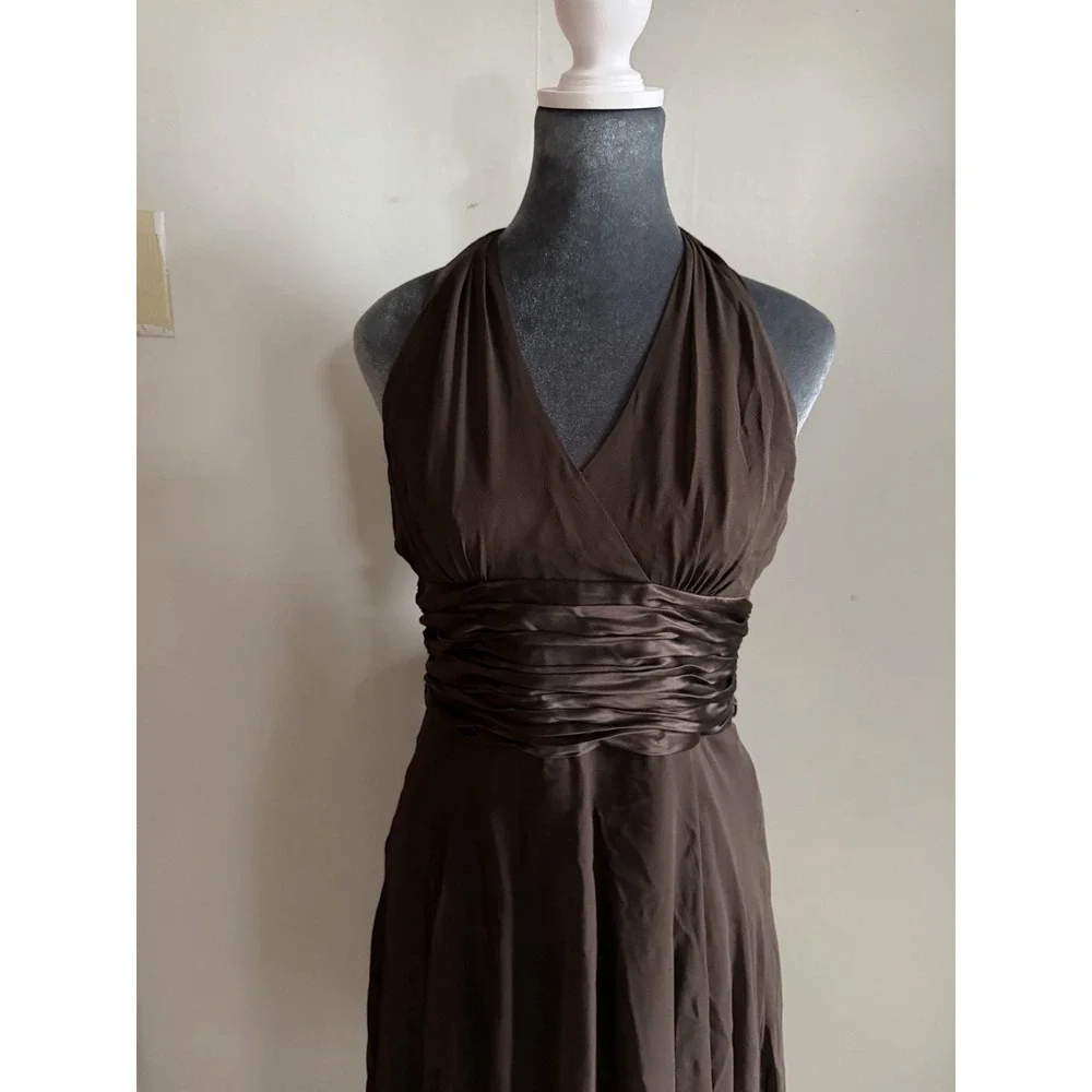 Y2K Silk Chocolate Brown Halter‎ Midi Dress Carry Bradshaw Backless Romantic 8